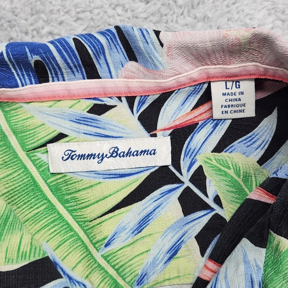 Tommy Bahama Silk Shirt Mens Large Tropical Floral Hawaiian Button Up Black - Picture 2 of 12